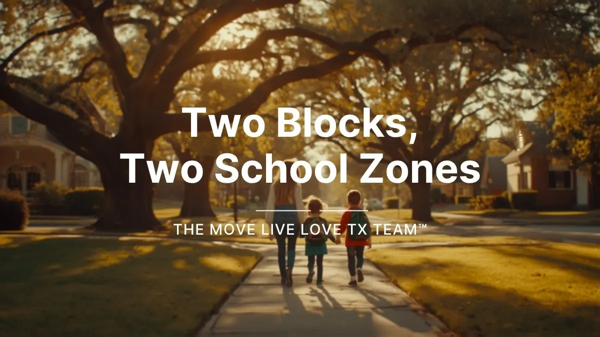 A mother walking two young children in backpacks down a tree-lined sidewalk in Bellaire, Texas on the way to school, warm morning light through oak canopy