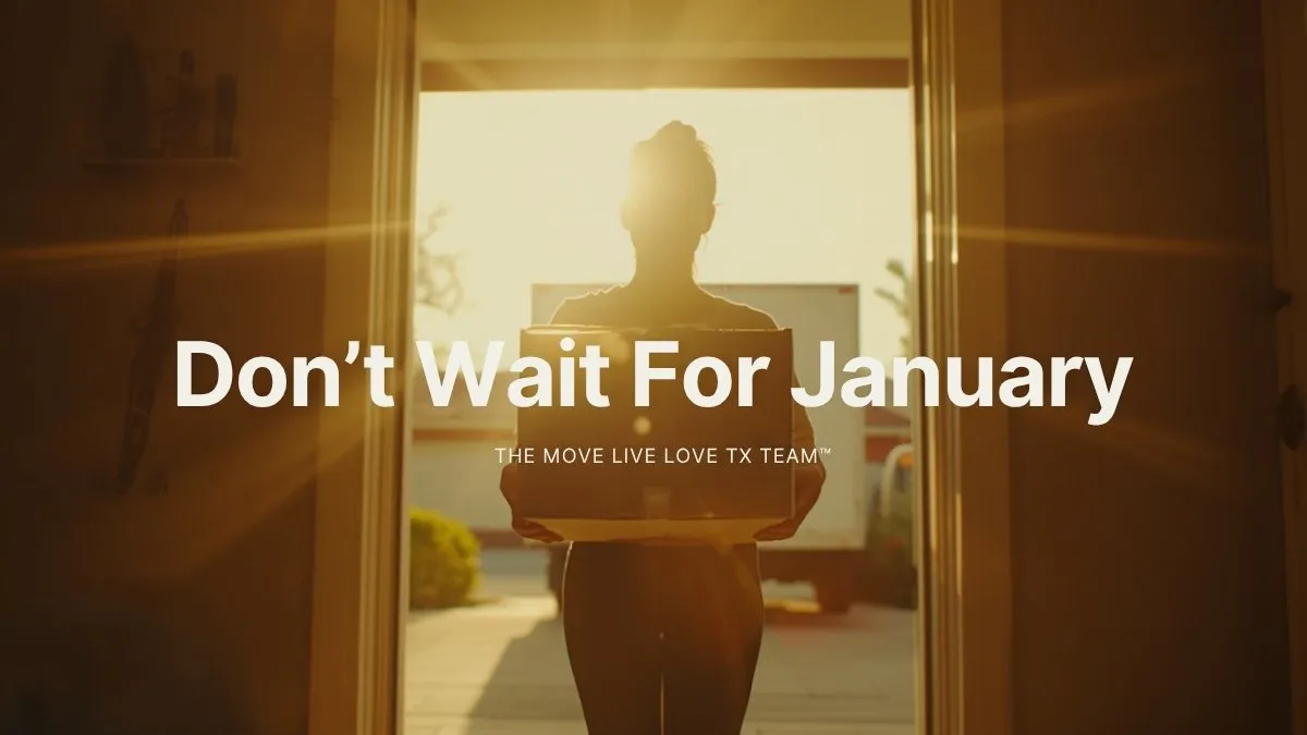 A hopeful morning scene of a family carrying boxes out of a Texas home into warm sunrise light, starting a fresh chapter