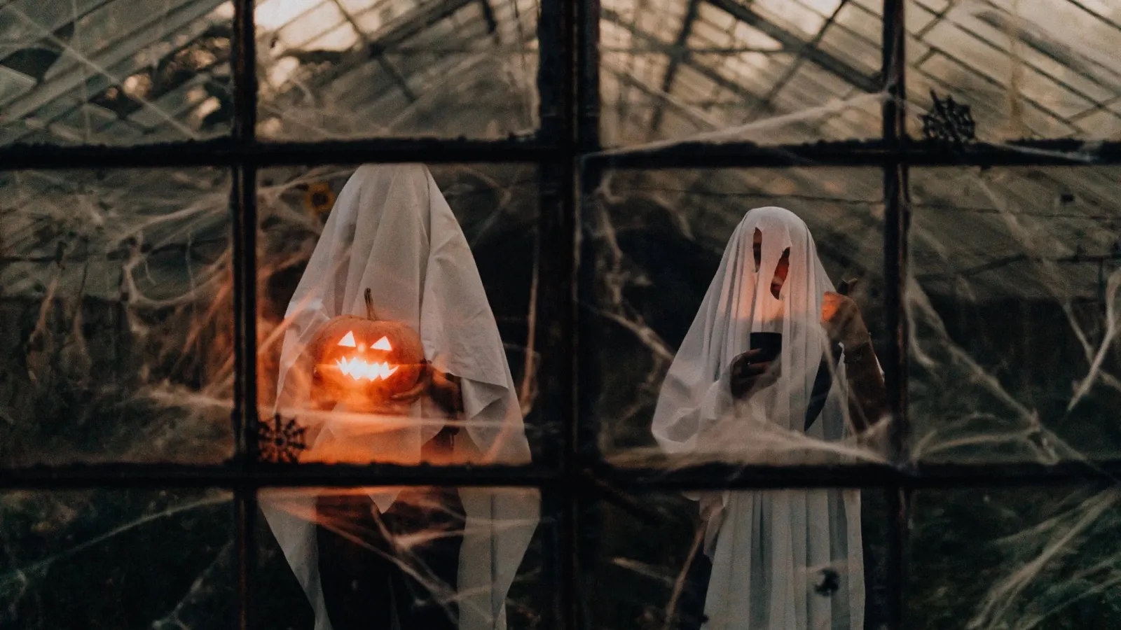 Two people dressed as sheet ghosts behind a cobwebbed greenhouse window, one holding a glowing jack-o'-lantern