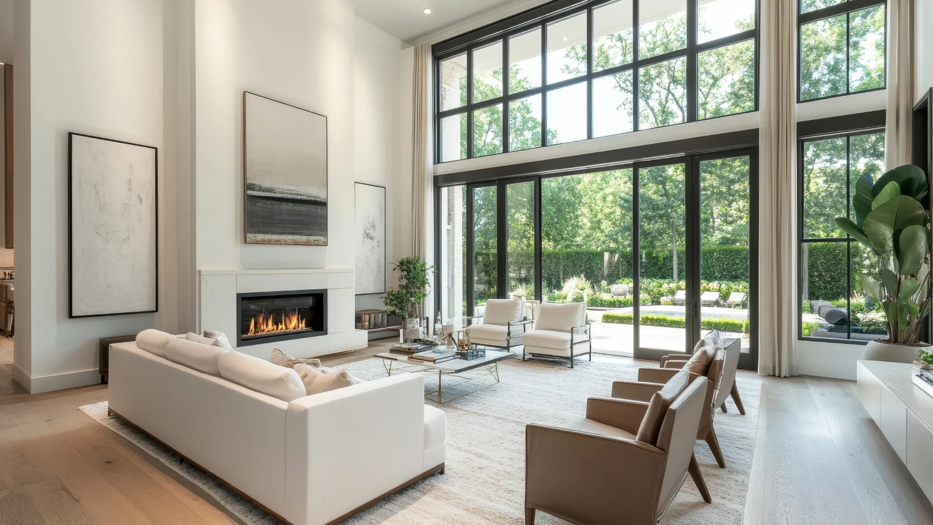 A bright, open living room in a Woodlands-area home looking onto a garden
