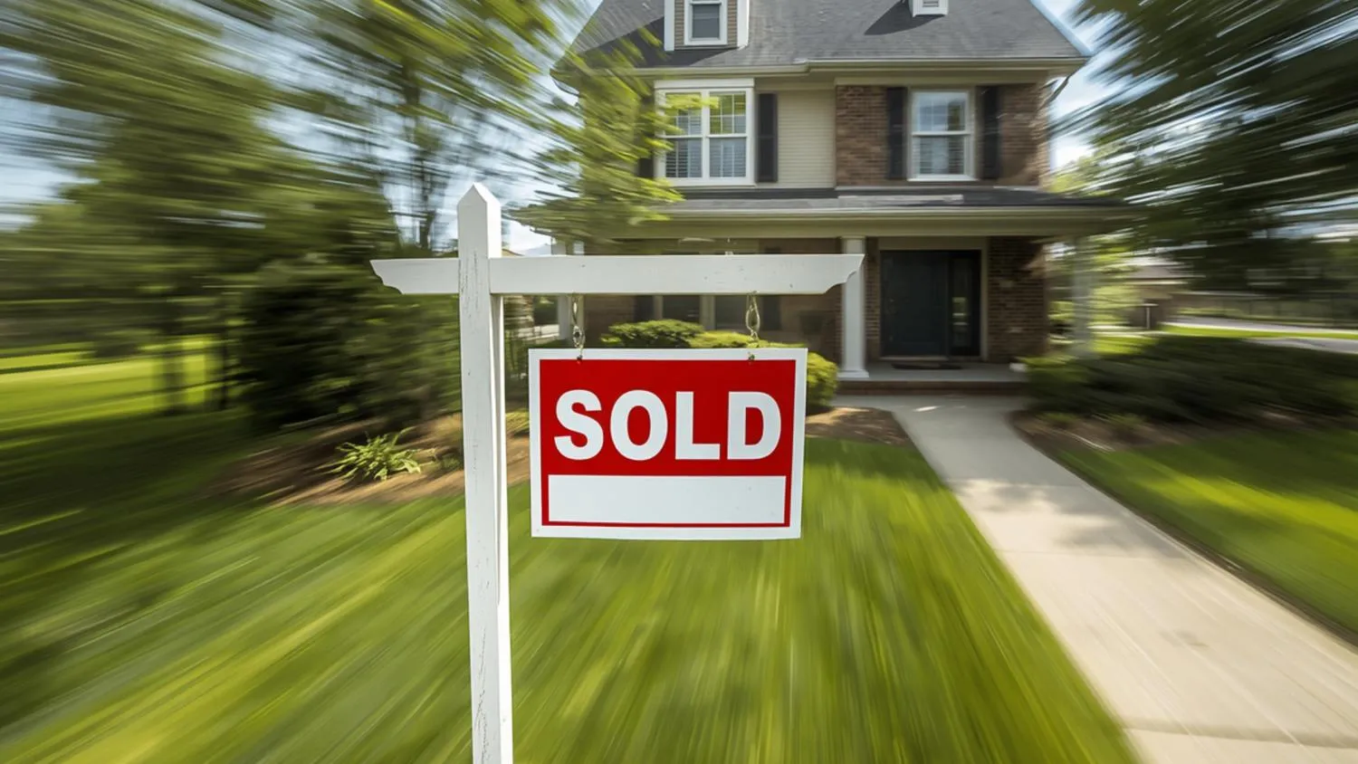 A red SOLD sign on a white post in front of a brick two-story home, with the lawn and trees blurred by motion