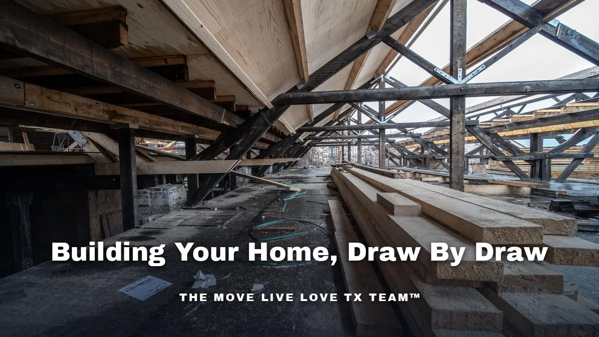 The exposed wood and steel framing of a building under construction with stacked lumber