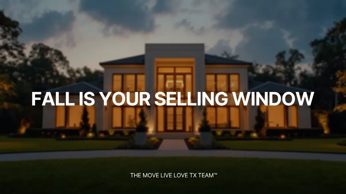 A luxury Houston-area home at golden hour with warm interior light glowing through large windows, a for-sale sign absent, quiet street