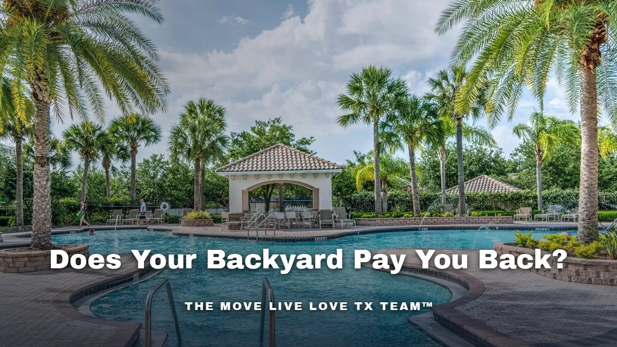 A bright Texas backyard with an in-ground pool and a covered outdoor kitchen behind a luxury home in daylight