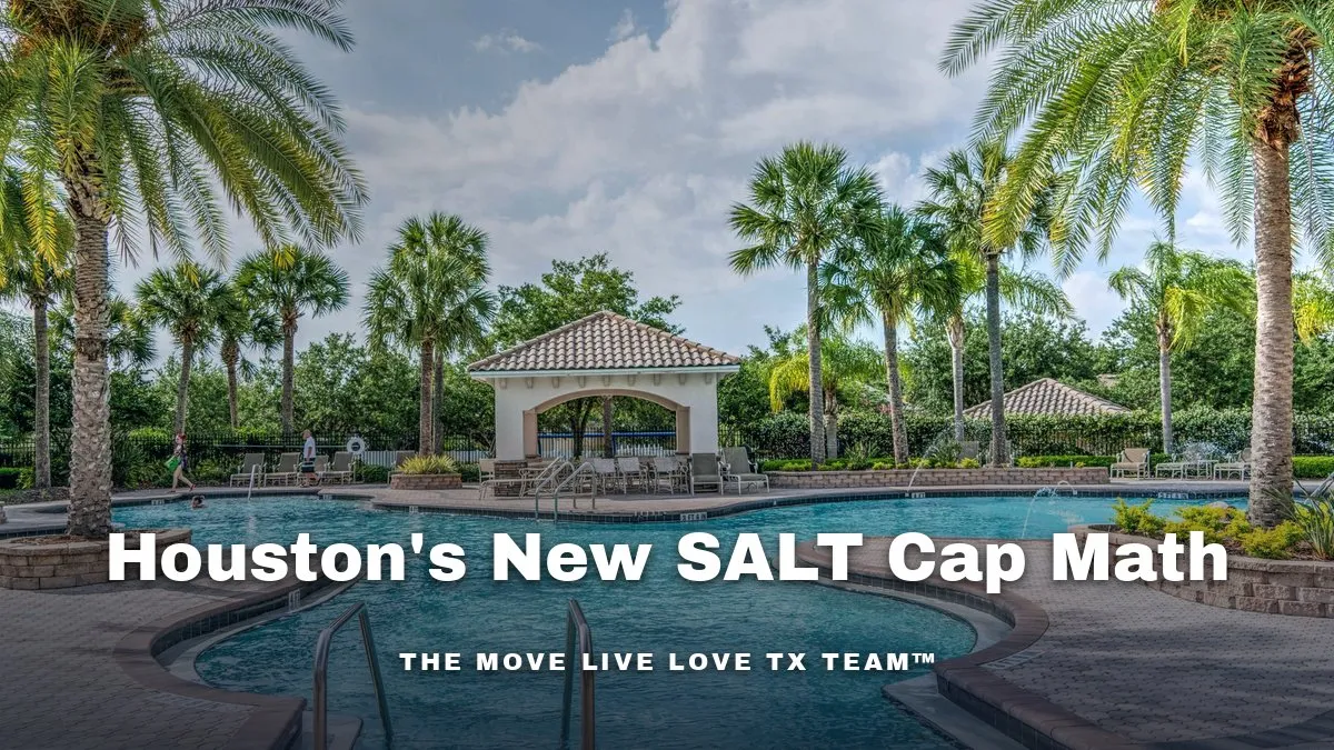 A large Texas luxury home exterior with a swimming pool and palm trees in bright daylight