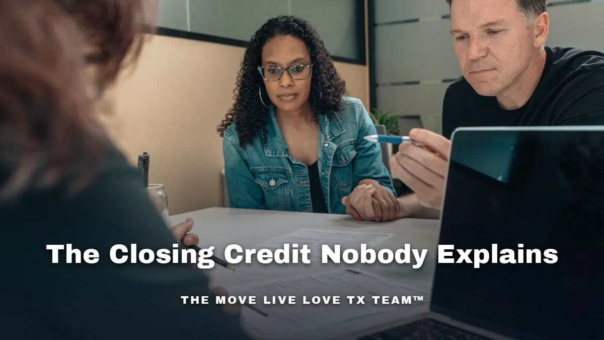 A title company closer and a young couple reviewing a closing disclosure at a sunlit table, a Texas flag visible through the window behind them