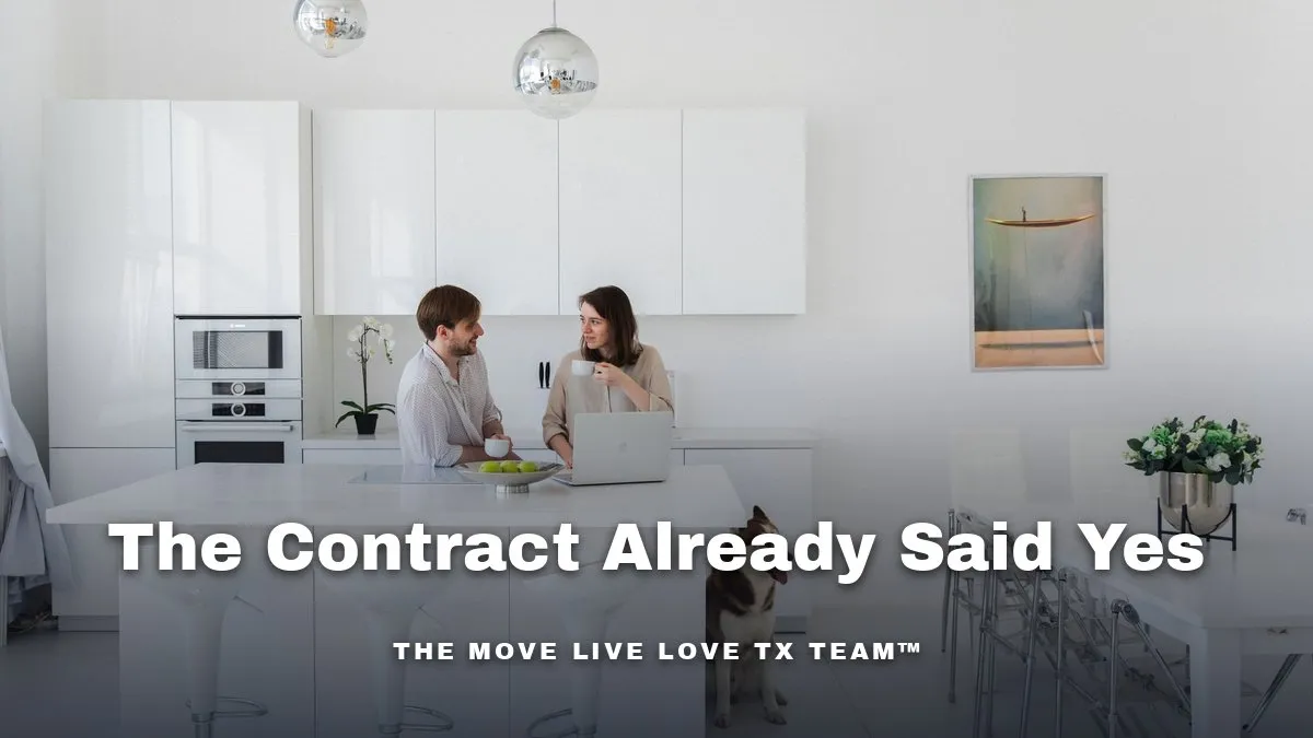 A couple sits at a sunlit kitchen table in Texas, signing paperwork together.