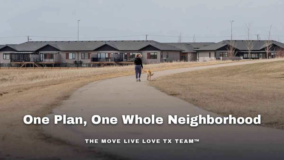 A wide tree-lined trail through a Houston-area master-planned community in morning light, with homes visible in the distance