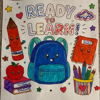 Mila's winning Back-to-School coloring contest entry, a colored backpack-and-school-supplies scene