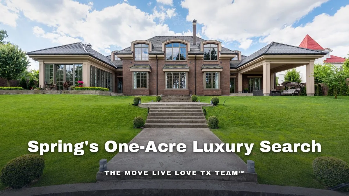 A large custom home on a spacious, tree-lined one-acre lot in bright daylight