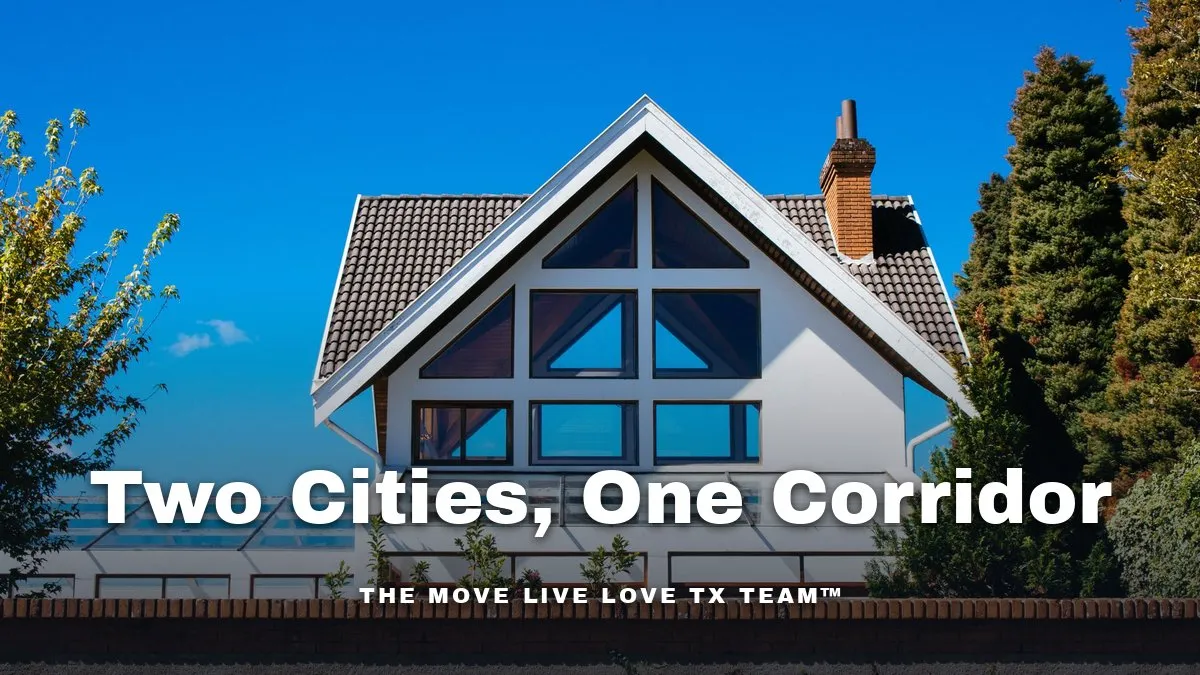 A sunny suburban Texas street with new two-story brick homes and young landscaping