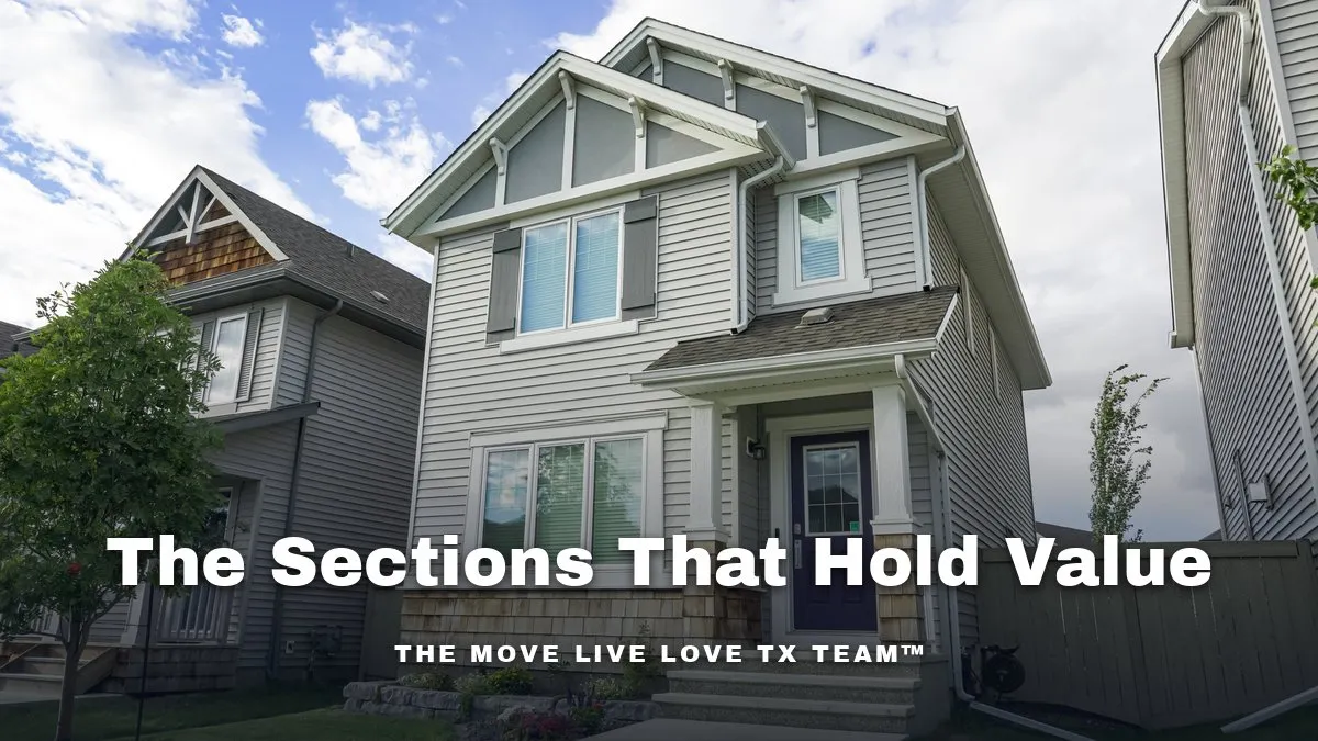 A well-established two-story home with mature trees and manicured landscaping on a quiet street in a Texas master-planned community, morning light.