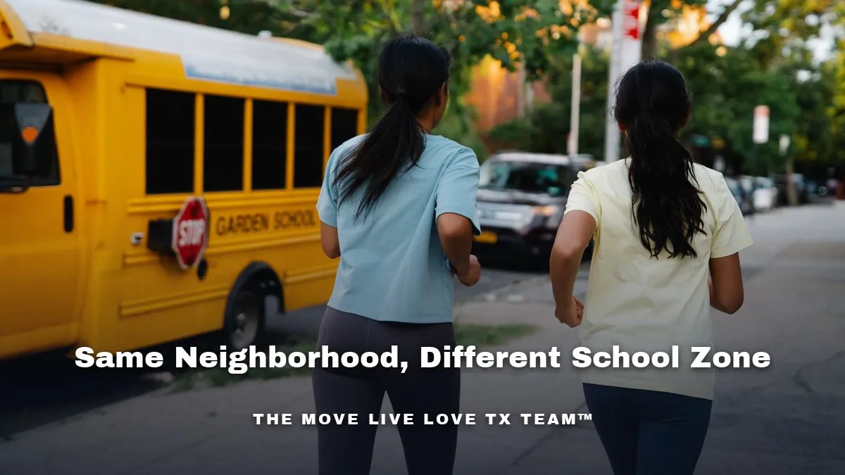 Two students walking down a tree-lined street toward a yellow school bus