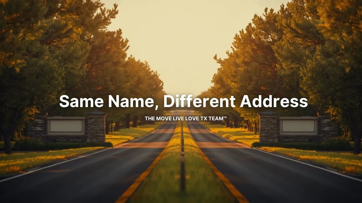 Two nearly identical tree-lined entrance drives with matching monument signs at golden-hour light, suggesting two similarly named master-planned communities