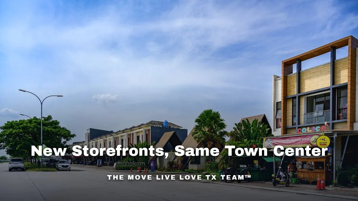 An upscale outdoor shopping plaza with storefronts and landscaping in bright daylight