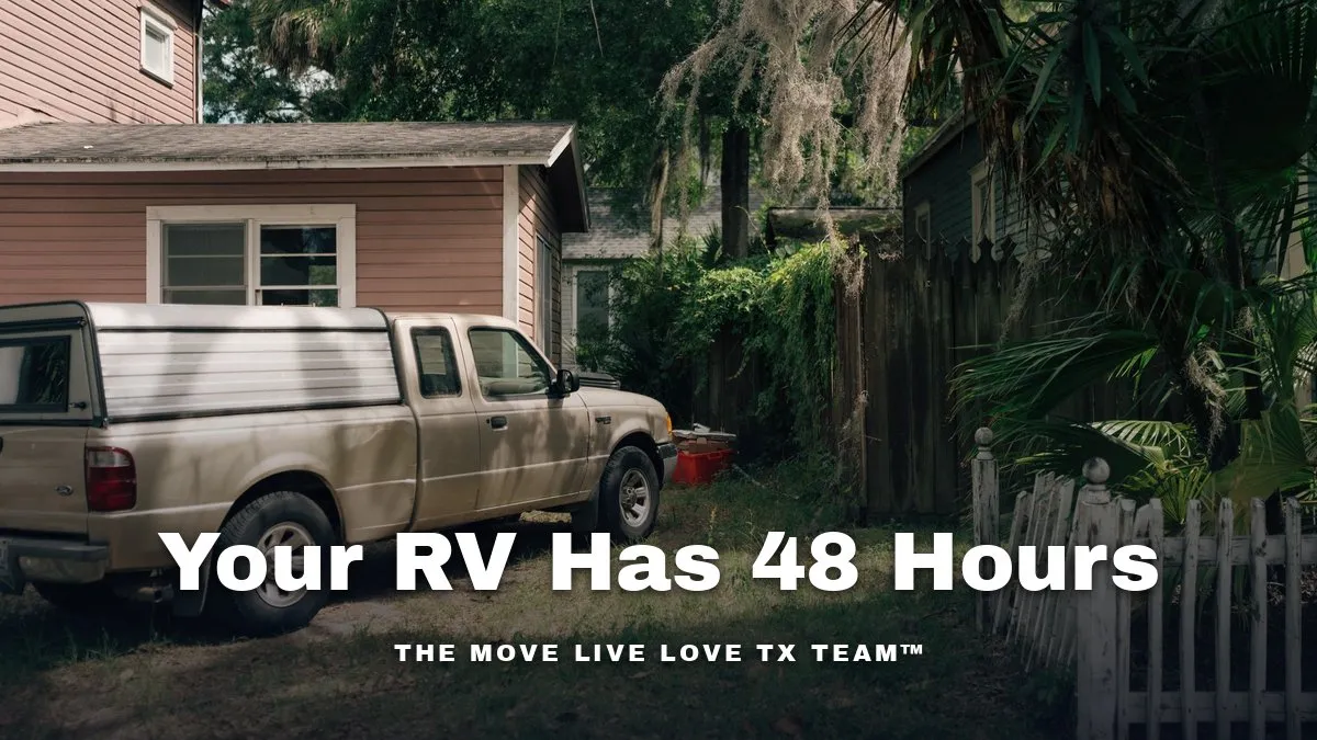 An RV parked in the driveway of a bright suburban Texas home in daylight