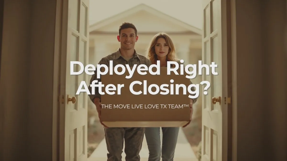 A young military couple carrying a moving box together through the open front door of a bright new suburban home in daylight