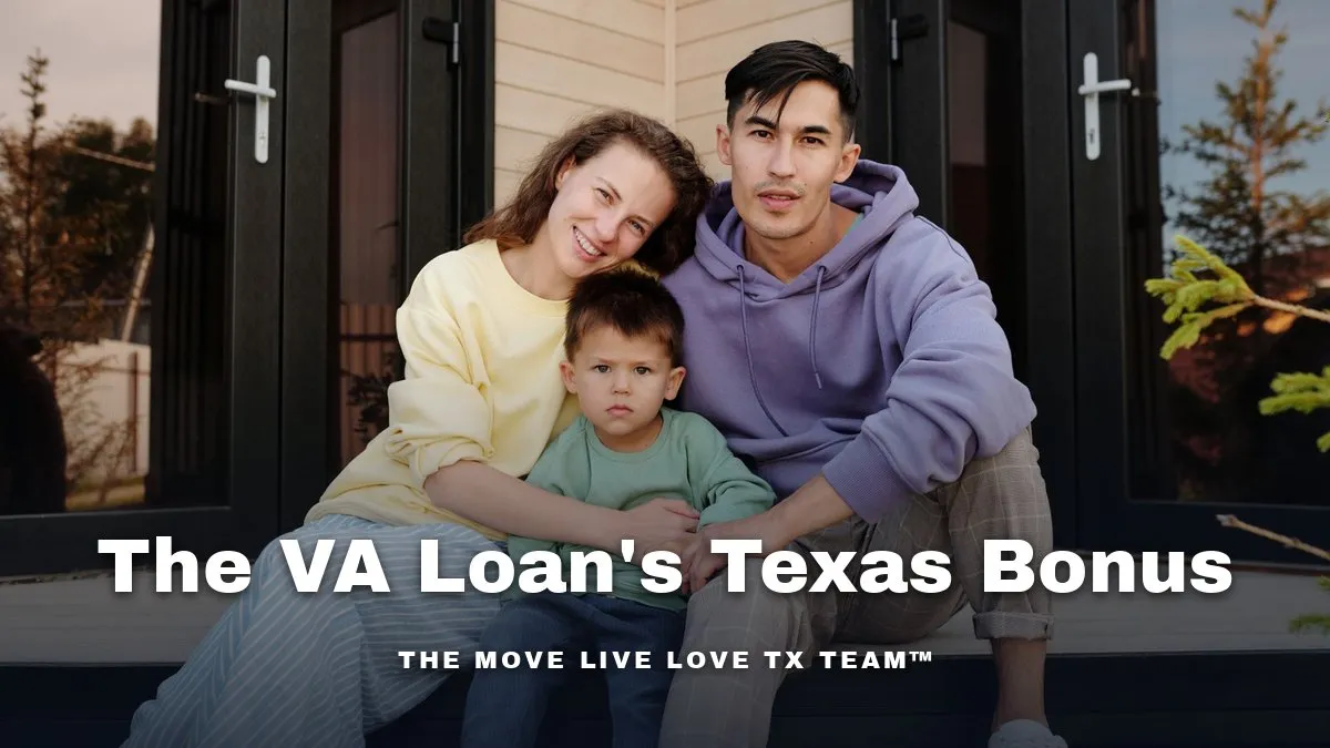 A veteran and his family standing on the front porch of a new home in morning sunlight, Texas suburb
