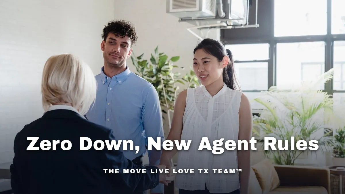 A smiling couple talking with a real estate agent in a bright room