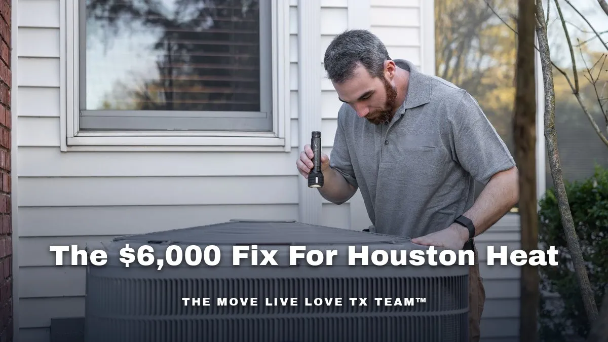 A technician inspecting an outdoor air conditioning unit beside a house