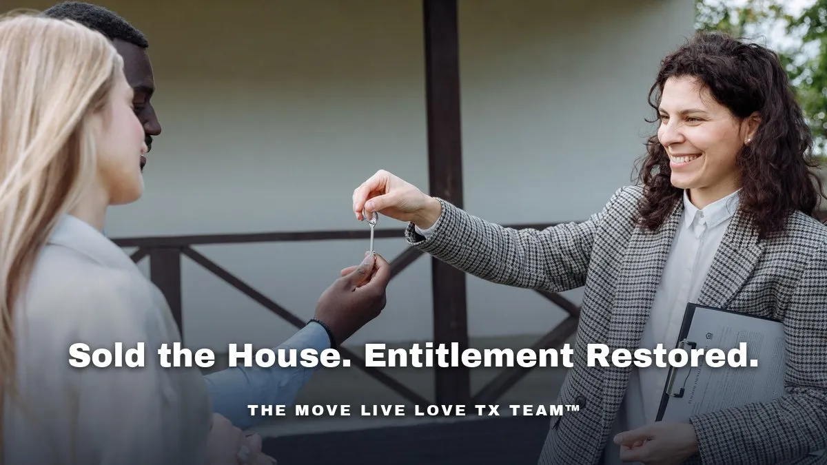 A veteran family holding house keys together in front of a bright Houston home at sunrise