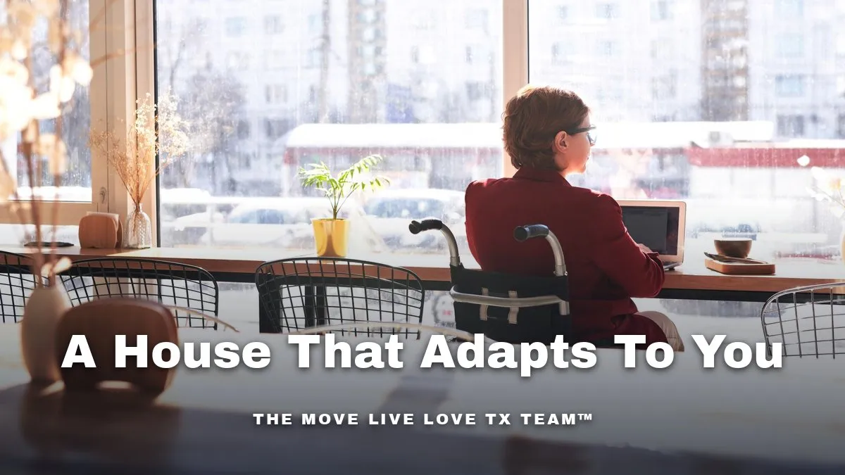 A veteran using a wheelchair rolls through a wide, sunlit doorway into an accessible Houston-area home.